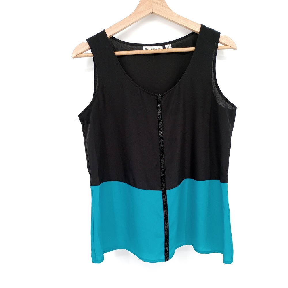 Versona Tank Top Women M Black Teal Colorblock Beaded Detail